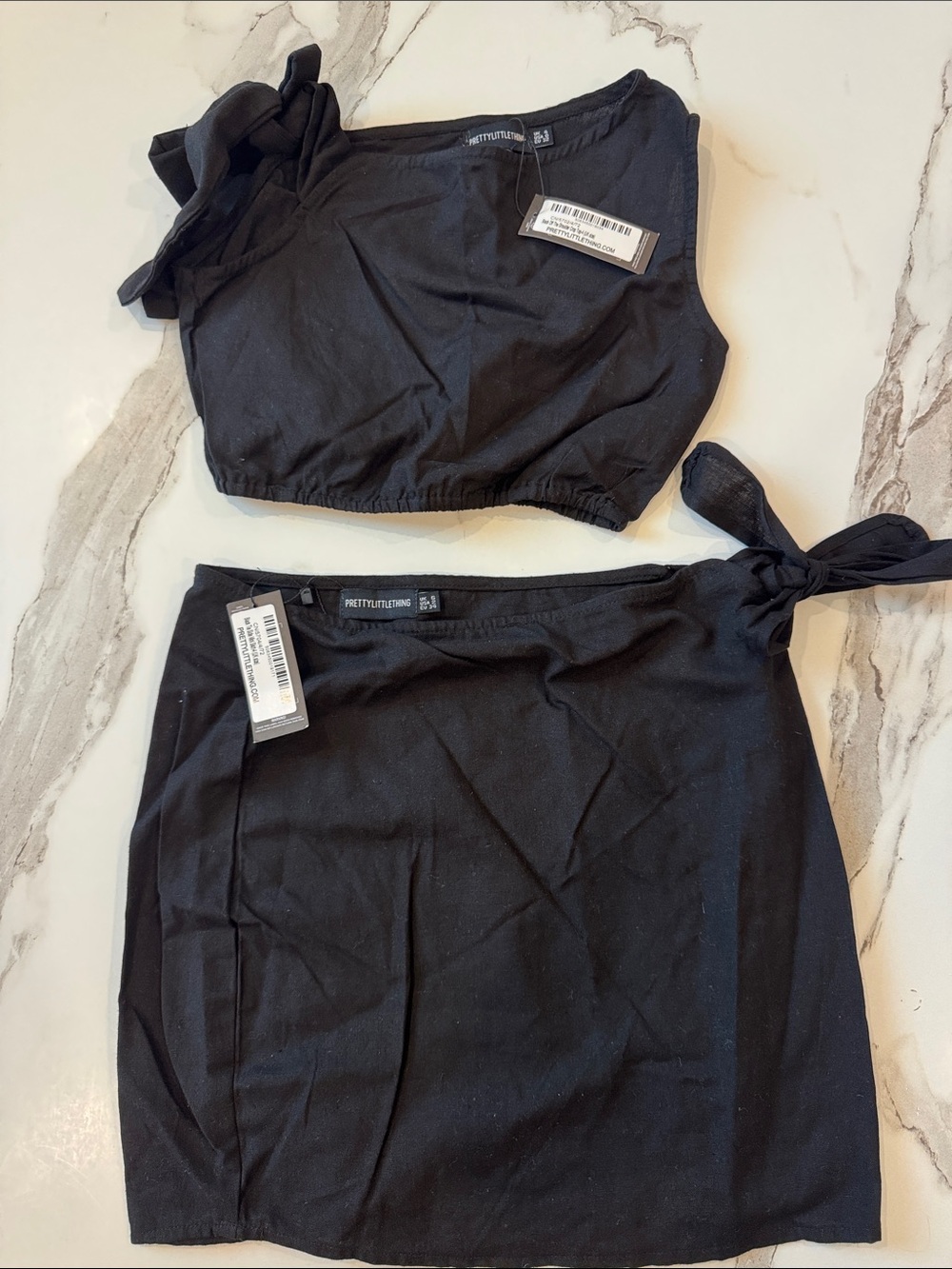 NWT PrettyLittleThing Black Two-Piece Tie-Waist Mini Skirt Set